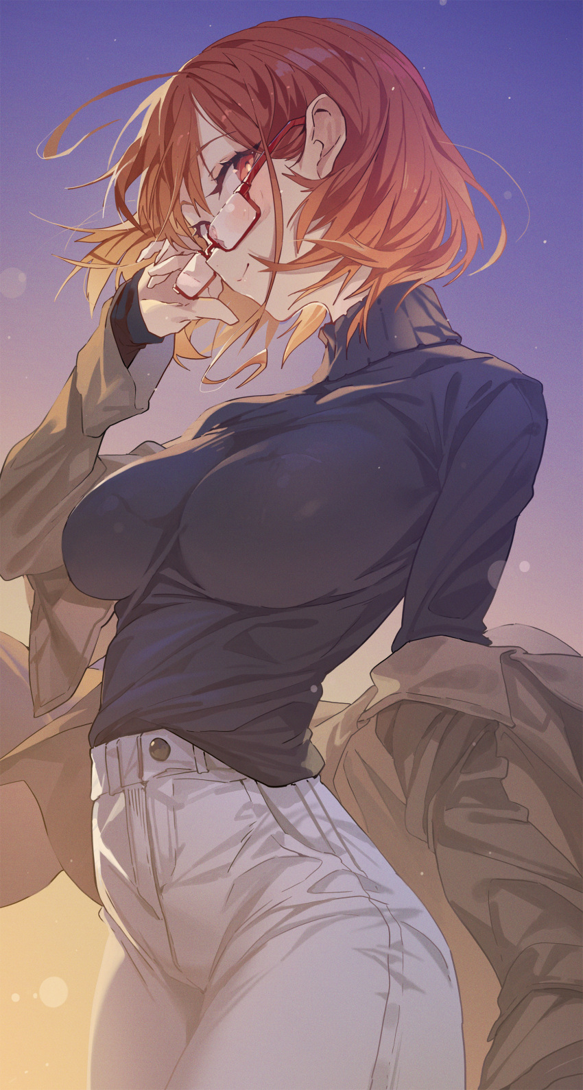 1girl, absurdres, adjusting_eyewear, arched_back, backlighting, blush, bob_cut, borrowed_character, breasts, brown_jacket, closed_mouth, cowboy_shot, highres, hxxg, jacket, kinshi_no_ane, large_breasts, long_sleeves, looking_at_viewer, medium_hair, original, pants, purple_sky, red-framed_eyewear, red_eyes, redhead, semi-rimless_eyewear, short_hair, sky, smile, solo, standing, sunset, turtleneck, white_pants