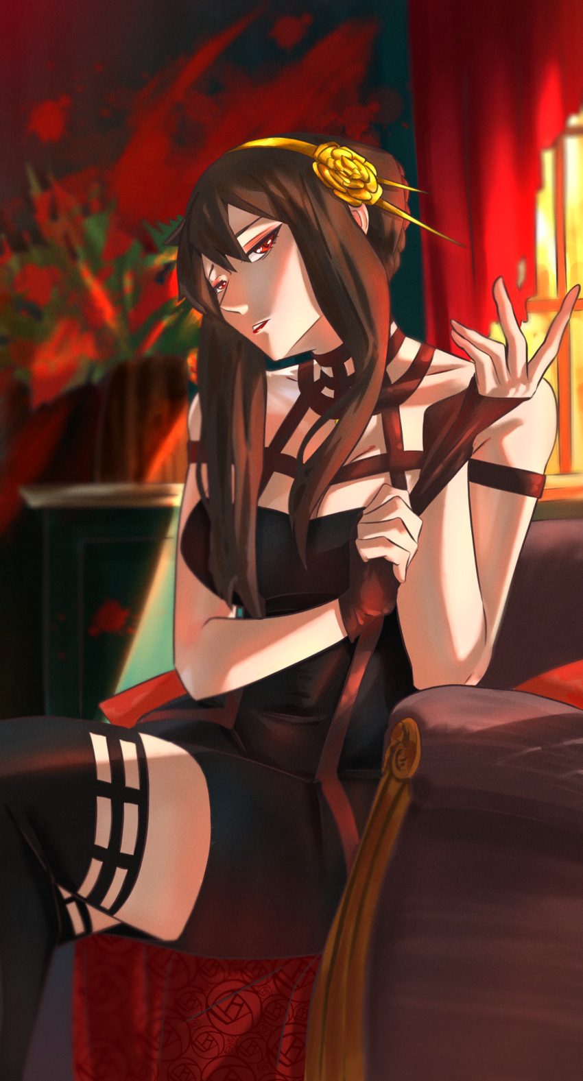 absurdres, amothimor, assassin, black_dress, black_gloves, black_hair, crossed_legs, dress, gloves, highres, red_eyes, sitting, spy_x_family, yor_briar