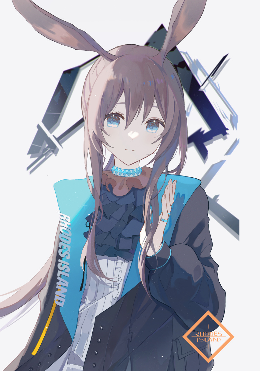 1girl, absurdres, amiya_(arknights), animal_ears, arknights, ascot, black_ascot, black_jacket