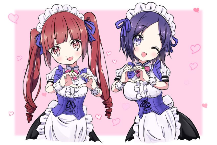 2girls, blue_eyes, blue_hair, blush, border, bow, bowtie, breasts, brown_eyes, brown_hair, extra, frills, hair_ribbon, hanazono_yurine, heart, heart_hands, heart_hands_duo, highres, hihkunhihkun, jashin-chan_dropkick, long_hair, maid, maid_headdress, multiple_girls, one_eye_closed, open_mouth, pink_background, pink_bow, pink_bowtie, ribbon, shiny, shiny_hair, short_hair, simple_background, small_breasts, smile, twintails, upper_body, white_border