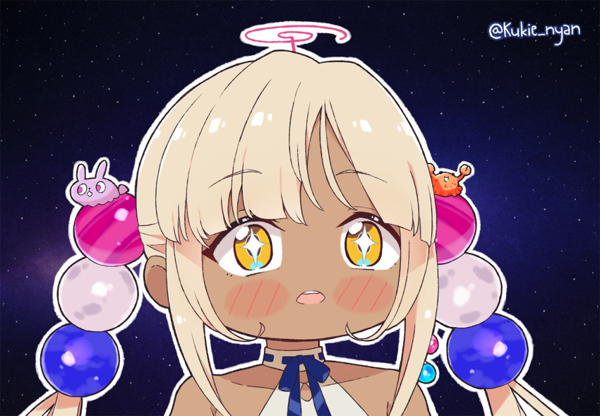 1girl, :o, bangs, blonde_hair, chibi, collarbone, dark-skinned_female, dark_skin