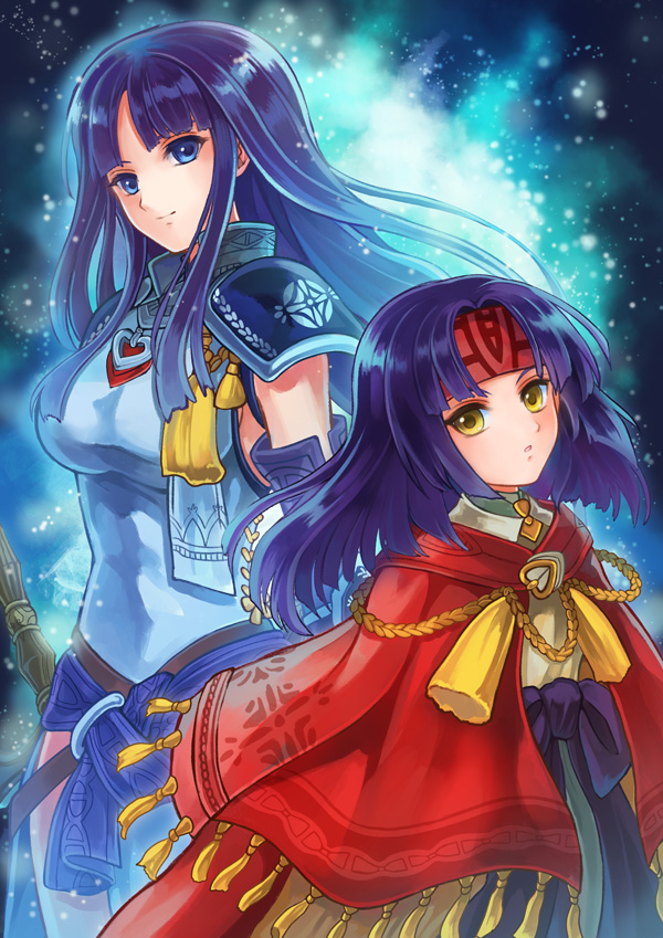 2girls, akuru_(akr369akr), altina_(fire_emblem), arm_guards, aura, black_background, blue_eyes, blue_hair