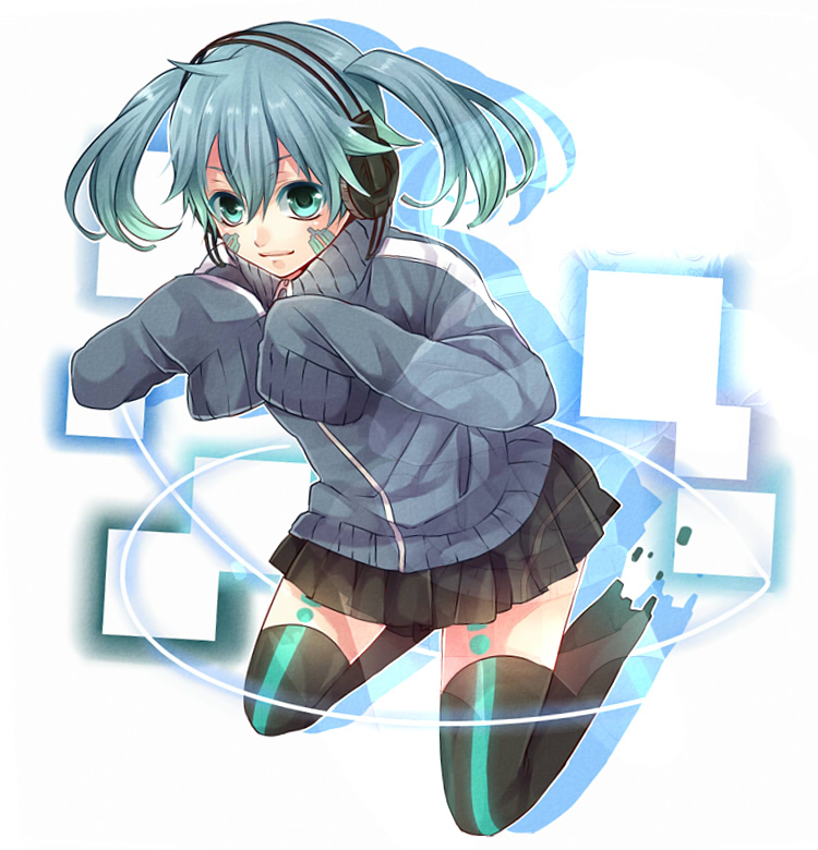 1girl, bangs, blue_eyes, blue_hair, digital_dissolve, ene_(kagerou_project), facial_mark, glowing