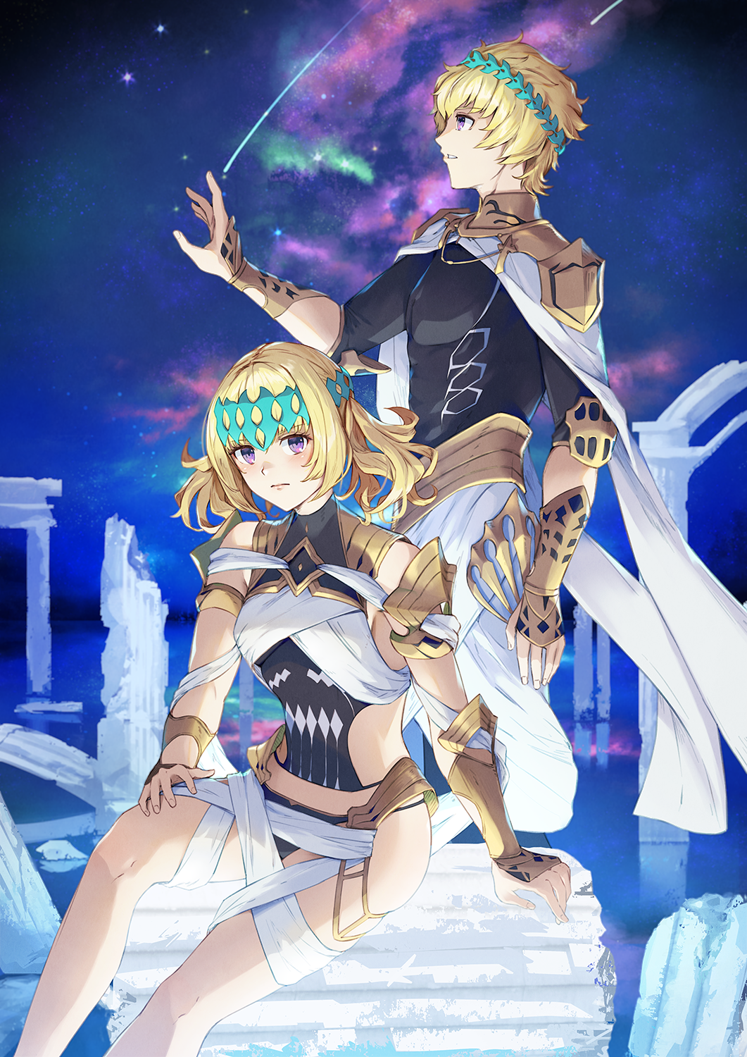 1boy, 1girl, blonde_hair, bracer, cape, castor_(fate), circlet, column
