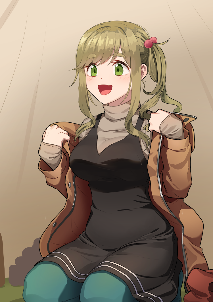 1girl, :d, bangs, black_dress, blush, breasts, brown_coat, brown_hair