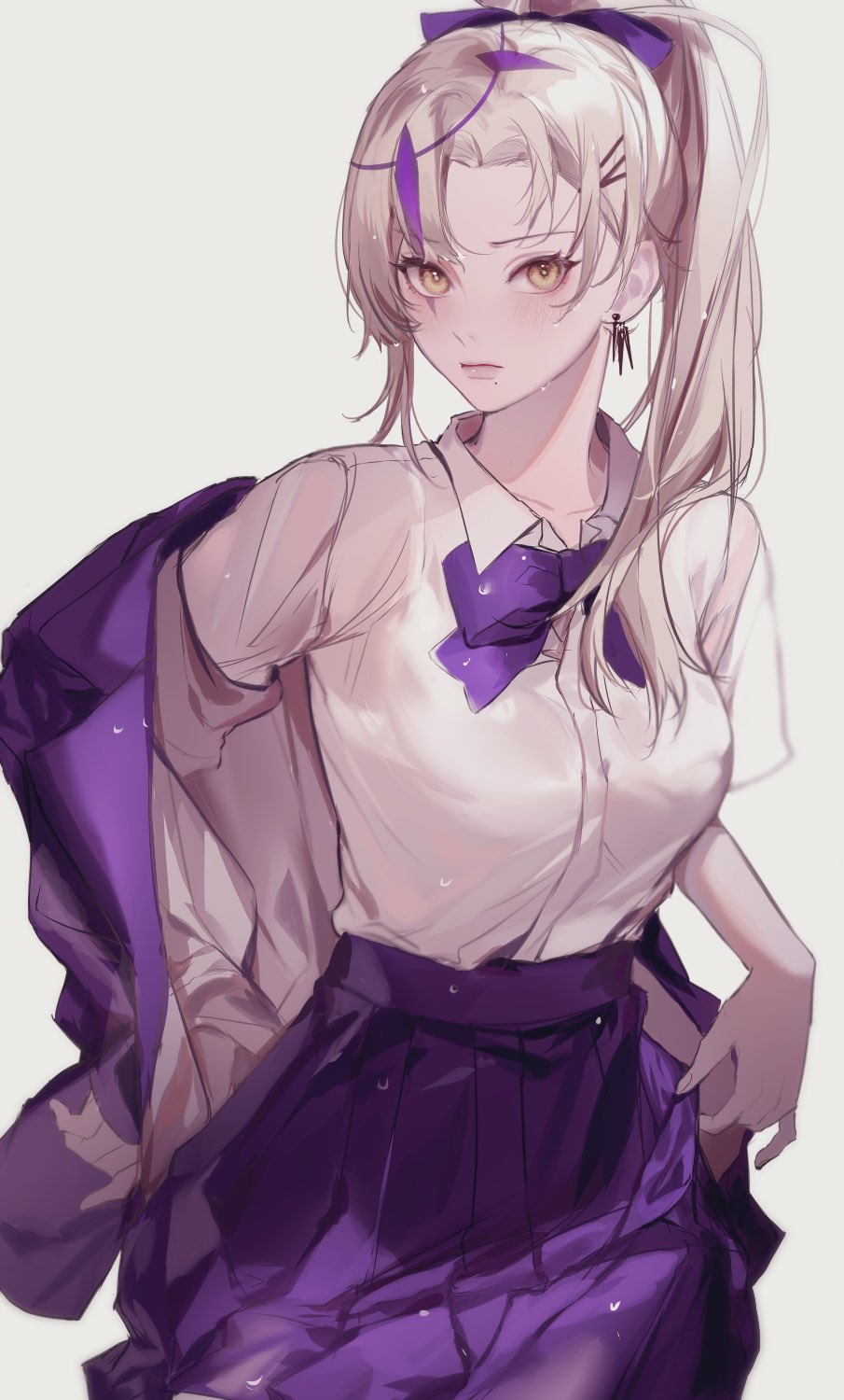 1girl, alternate_costume, asymmetrical_hair, bangs, blonde_hair, blush, bow, bowtie