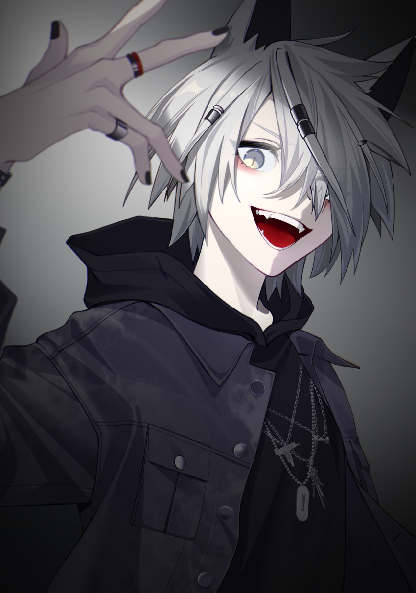1girl, absurdres, ambience_synesthesia, animal_ears, arknights, black_jacket, black_nails, breast_pocket