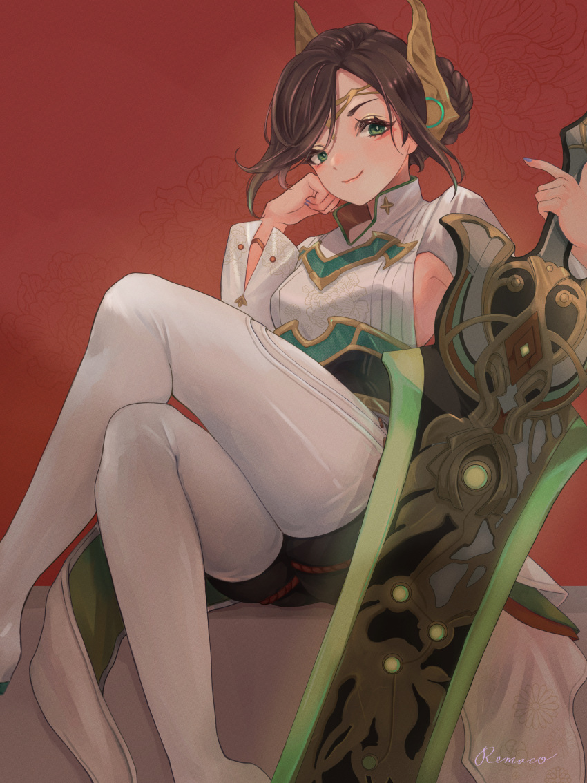 1girl, absurdres, alexandria_(xenoblade), artist_name, black_bodysuit, blue_nails, bodysuit, boots, braid, braided_bun, breasts, brown_hair, circlet, closed_mouth, crossed_legs, feet_out_of_frame, green_eyes, hair_bun, head_rest, high_collar, highres, holding, holding_sword, holding_weapon, huge_weapon, invisible_chair, long_sleeves, looking_at_viewer, red_background, remaco, short_hair, sideboob, sitting, smile, solo, sword, thigh_boots, weapon, white_footwear, wide_sleeves, xenoblade_chronicles_(series), xenoblade_chronicles_3