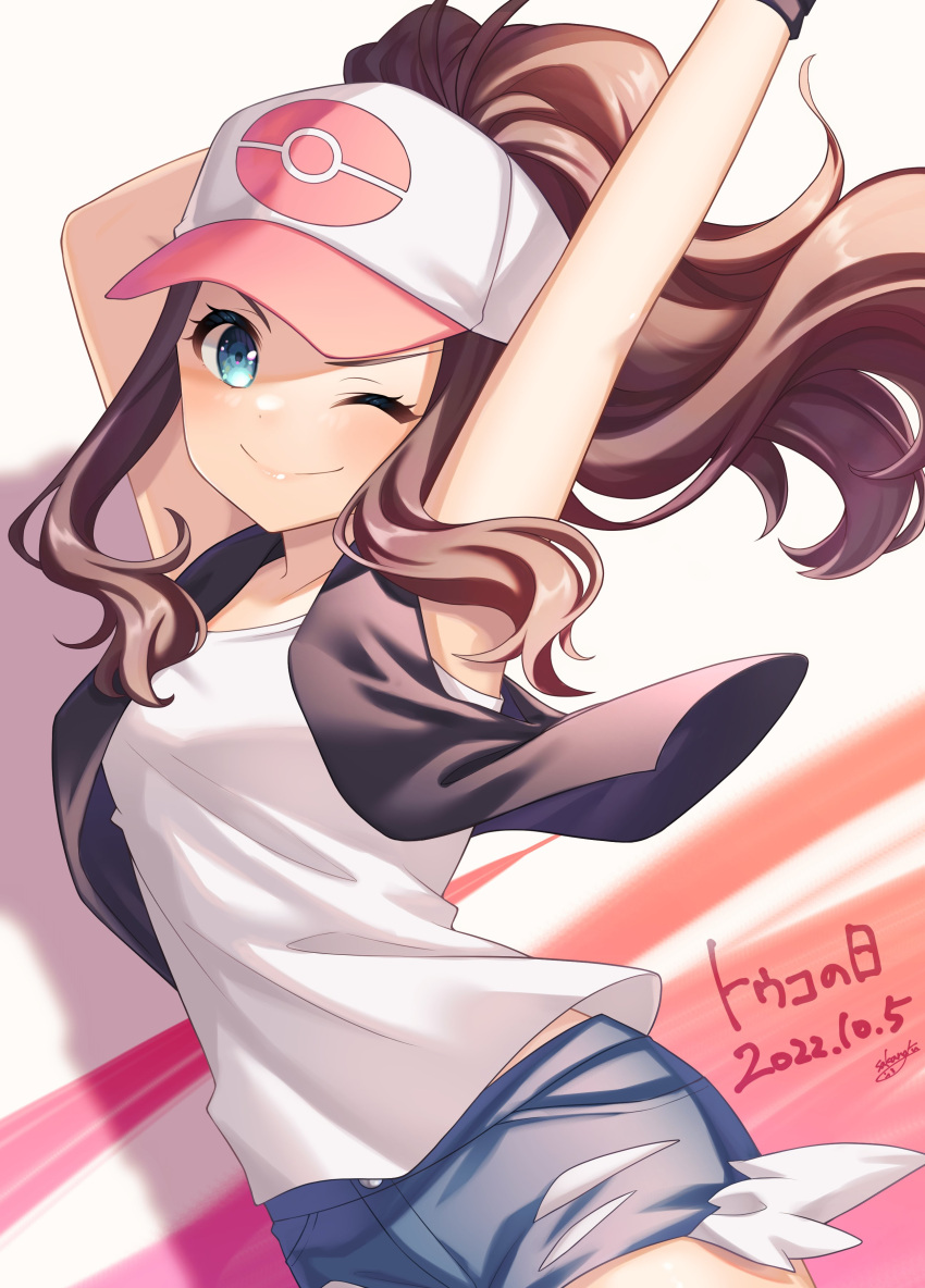 1girl, absurdres, baseball_cap, black_vest, blue_eyes, brown_hair, curly_hair, cutoffs, denim, denim_shorts, exposed_pocket, hat, high_ponytail, highres, hilda_(pokemon), long_hair, pokemon, pokemon_(game), pokemon_bw, shirt, short_shorts, shorts, sidelocks, sleeveless, sleeveless_shirt, solo, tank_top, vest, wakame1441, white_shirt, wristband