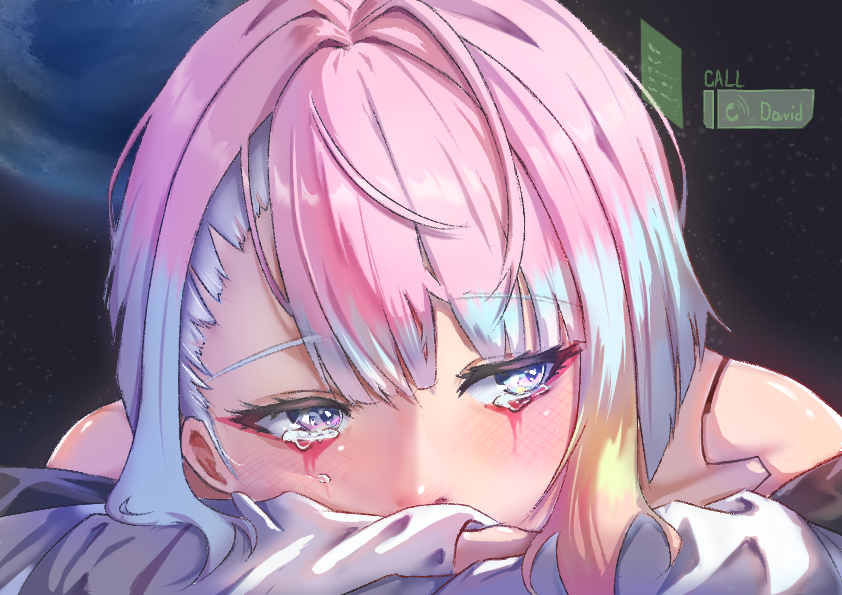 1girl, blue_eyes, bob_cut, crying, crying_with_eyes_open, cyberpunk_(series), cyberpunk_edgerunners, facial_mark