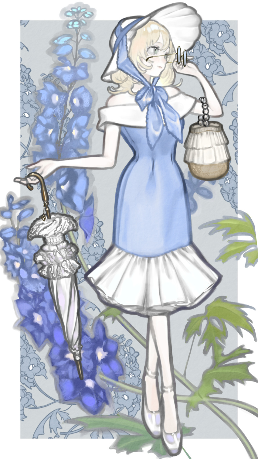 1girl, absurdres, bag, bangs, bare_arms, blonde_hair, blue_bow, blue_flower