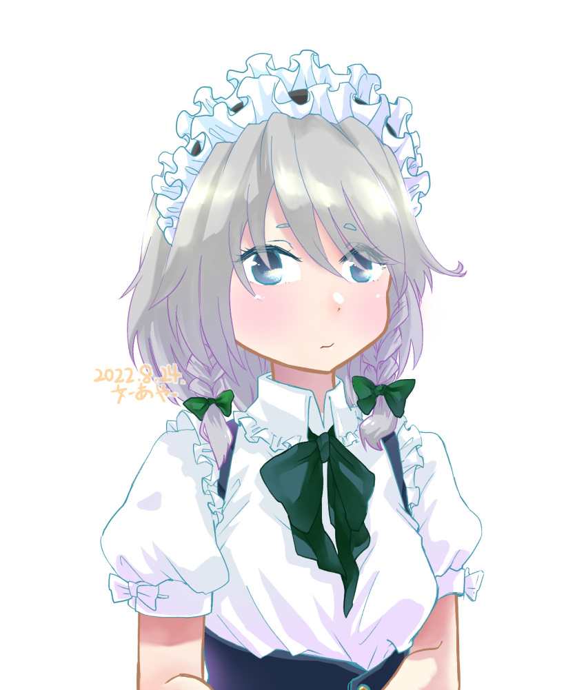 1girl, black_bow, black_bowtie, bow, bowtie, braid, breasts, closed_mouth