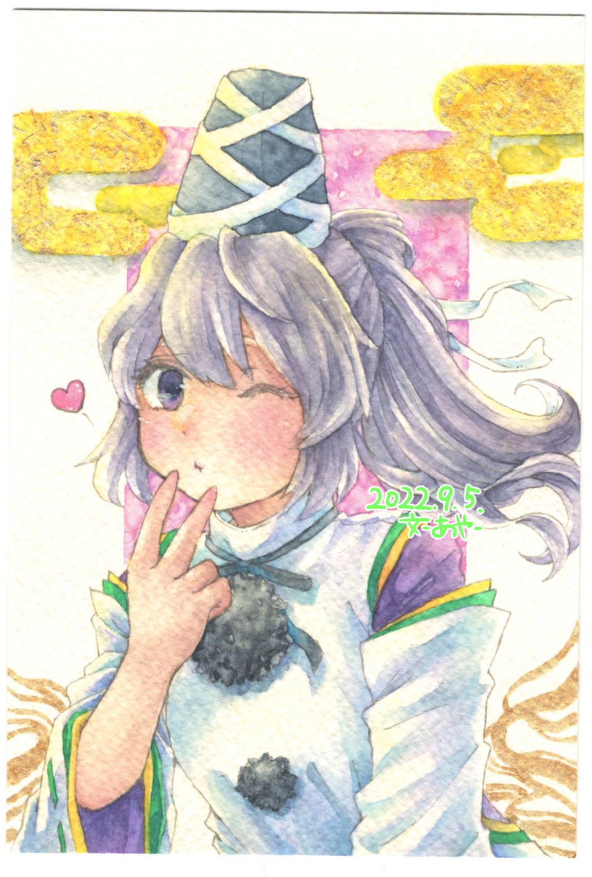 1girl, black_headwear, dated, grey_hair, hat, hat_ribbon, heart, highres