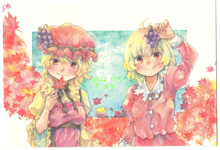 2girls, aki_minoriko, aki_shizuha, arm_up, autumn_leaves, blonde_hair, breasts, closed_mouth