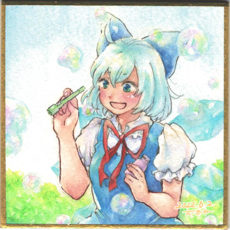 1girl, aqua_hair, blue_bow, blue_dress, blue_hair, bow, breasts, bubble
