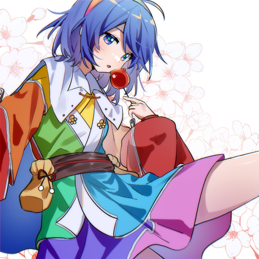 1girl, bag, bangs, blue_hair, blue_pupils, candy_apple, cape, food, highres, long_sleeves, looking_at_viewer, multicolored_clothes, multicolored_hairband, open_mouth, patchwork_clothes, short_hair, simple_background, solo, tenkyuu_chimata, touhou, white_background, white_cape, xiebaowang, zipper