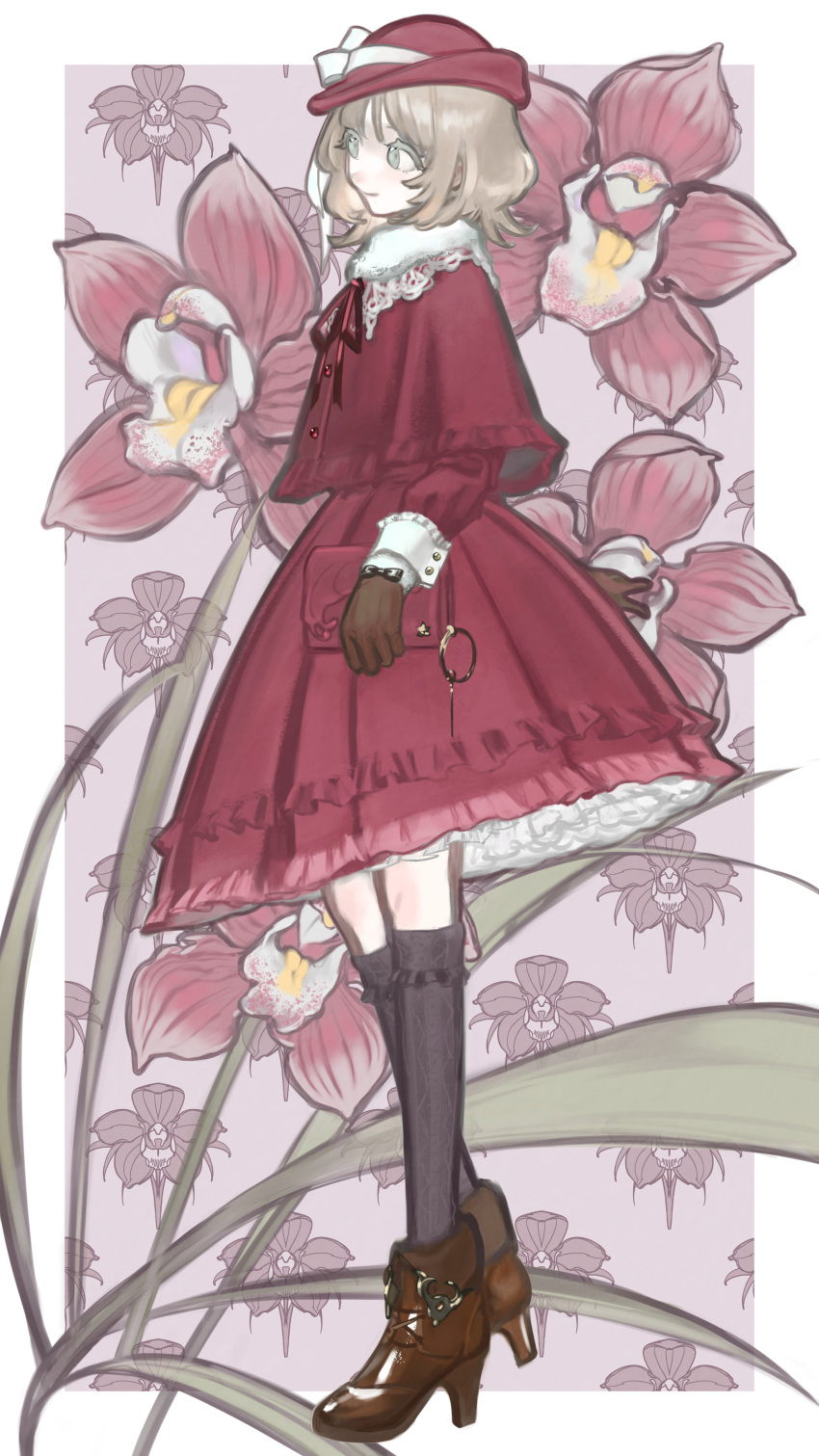 1girl, absurdres, ankle_boots, bag, bangs, black_bow, boots, border, bow, brown_footwear, brown_gloves, brown_socks, capelet, closed_mouth, colored_eyelashes, commentary, crossed_ankles, cymbidium, dress, flower, frilled_dress, frills, from_side, full_body, fur-trimmed_boots, fur-trimmed_gloves, fur_collar, fur_trim, glove_bow, gloves, green_eyes, handbag, hat, hat_ribbon, high_heel_boots, high_heels, highres, holding, holding_bag, kneehighs, lace, light_brown_hair, long_sleeves, looking_away, mallllma, medium_hair, neck_ribbon, original, petticoat, pink_flower, pink_theme, red_bag, red_capelet, red_dress, red_flower, red_headwear, red_ribbon, red_theme, ribbon, sleeve_cuffs, smile, socks, solo, standing, white_border, white_ribbon