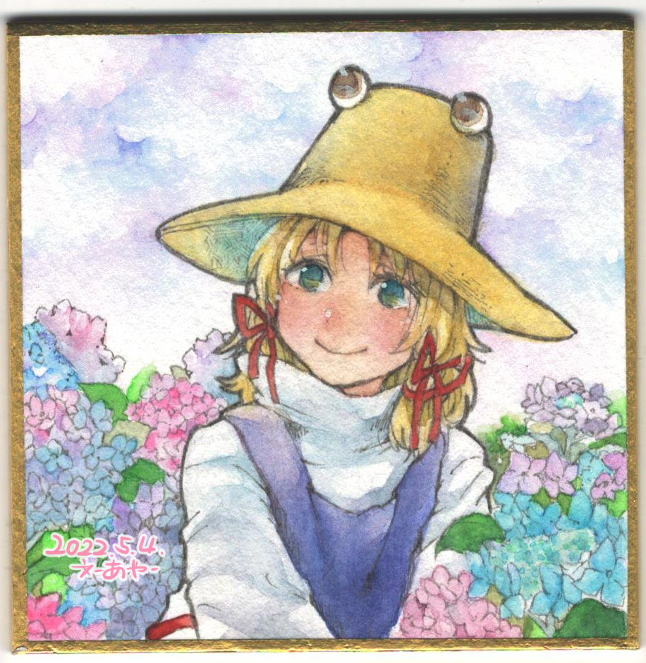 1girl, blonde_hair, blue_eyes, blue_flower, brown_headwear, closed_mouth, dated, flower, hair_ribbon, hydrangea, long_sleeves, moriya_suwako, outdoors, pink_flower, purple_flower, purple_vest, red_ribbon, ribbon, shin1ar24, shirt, smile, solo, touhou, traditional_media, turtleneck, upper_body, v_arms, vest, watercolor_pencil_(medium), white_shirt