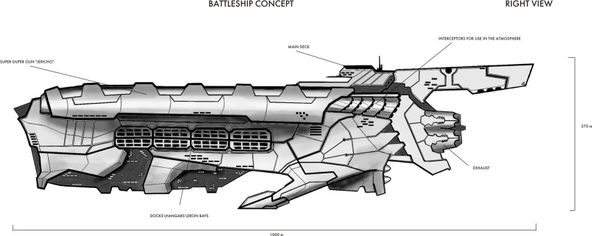 absurdres, battleship_(eve_online), concept_art, english_text, eve_online, greyscale, highres, jetheart, machinery, military, military_vehicle, monochrome, no_humans, original, science_fiction, spacecraft, thrusters