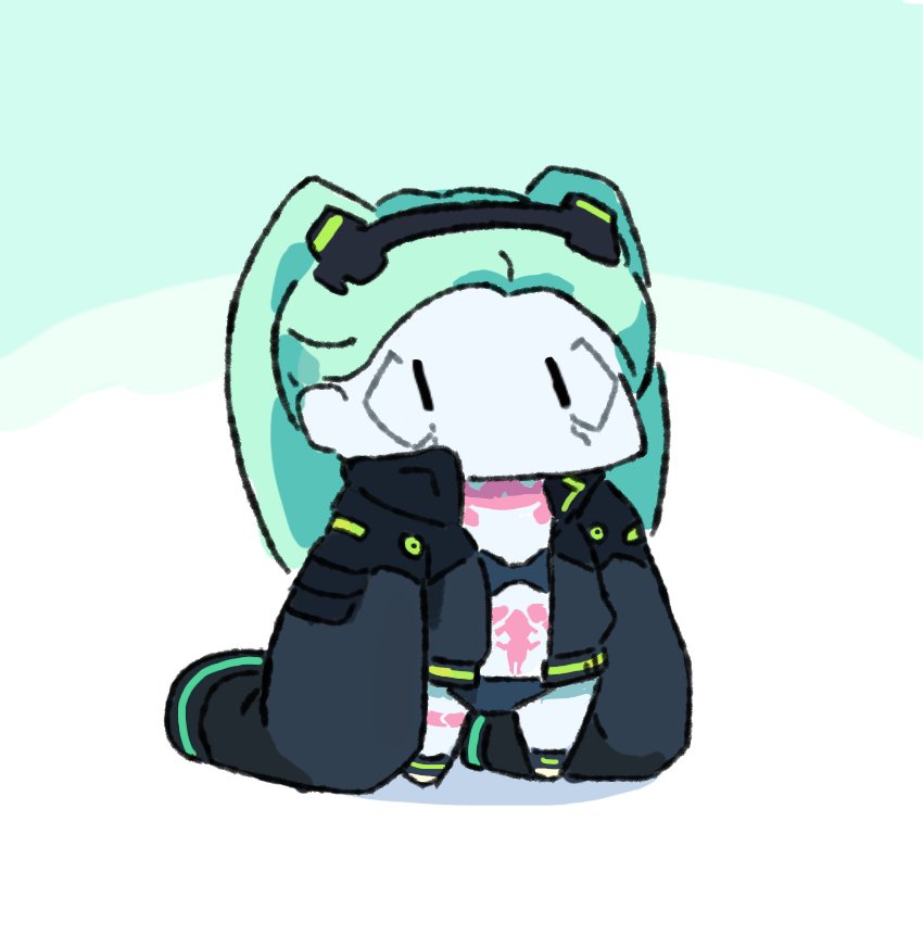 1girl, aqua_background, aqua_hair, black_bra, black_hairband, black_jacket, black_panties, bra