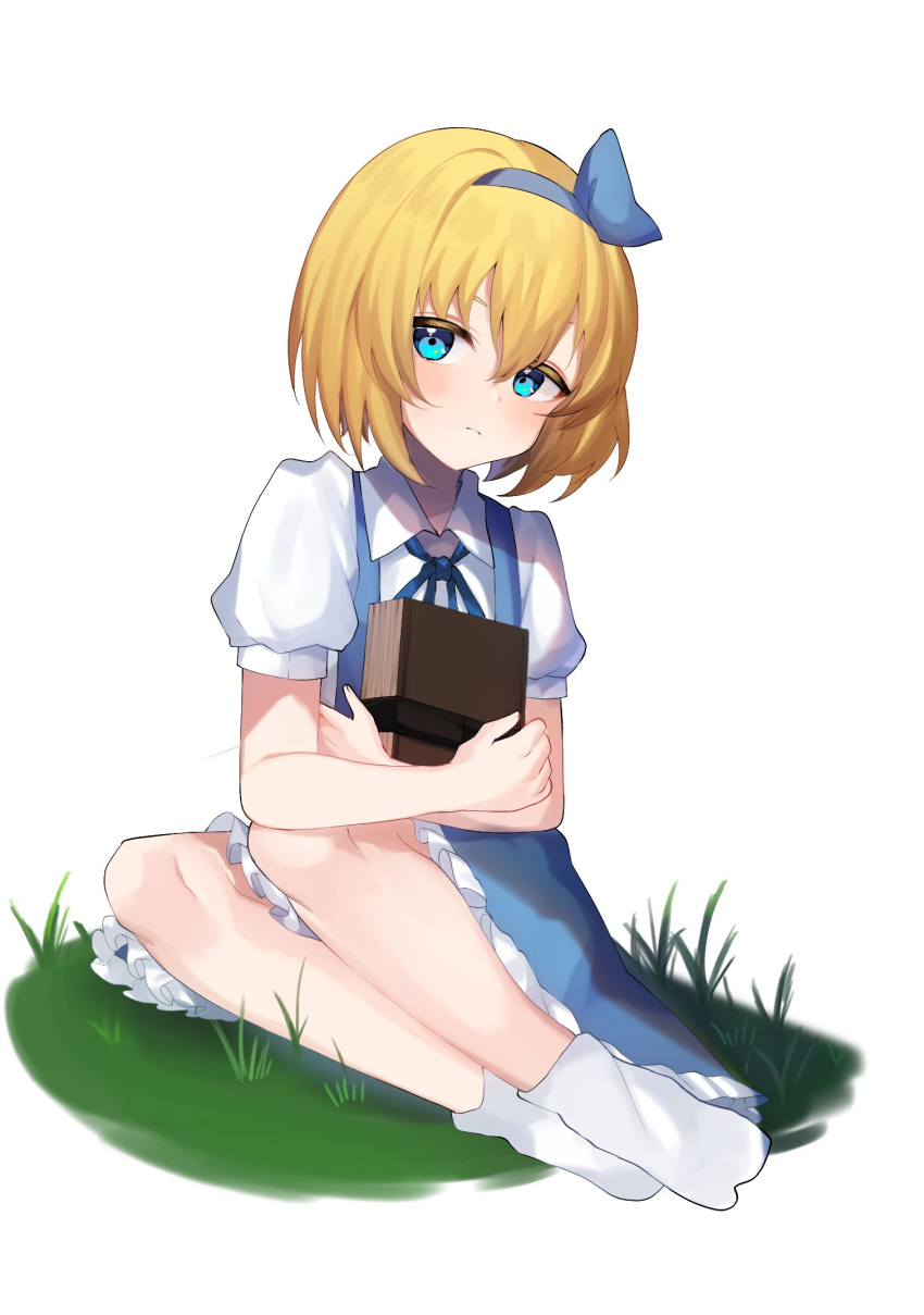 1girl, alice_margatroid, alice_margatroid_(pc-98), bangs, blonde_hair, blue_bow, blue_bowtie, blue_dress, blue_eyes, blue_hairband, blue_ribbon, blush, book, bow, bowtie, closed_mouth, collared_shirt, crossed_arms, dress, english_commentary, fingernails, frills, grass, grey_socks, hair_between_eyes, hairband, hands_up, highres, looking_to_the_side, majime_joe, no_shoes, puffy_short_sleeves, puffy_sleeves, ribbon, shirt, short_hair, short_sleeves, simple_background, sitting, socks, solo, touhou, touhou_(pc-98), white_background, white_shirt