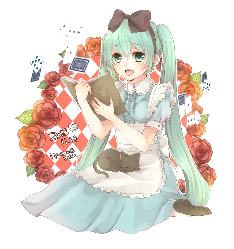 1girl, :d, alice_(alice_in_wonderland), alice_(alice_in_wonderland)_(cosplay), alice_in_wonderland, animal_on_lap, apron, argyle