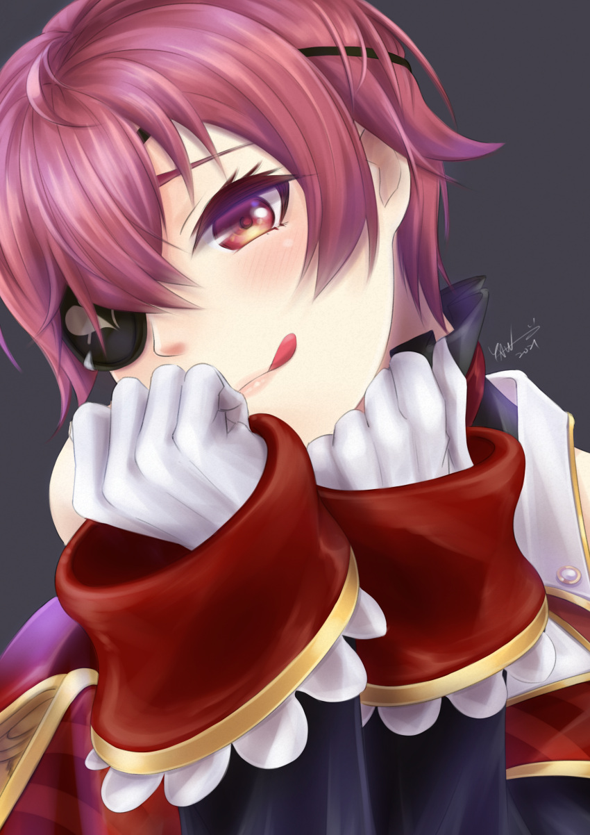 1girl, absurdres, alternate_hair_length, alternate_hairstyle, arrow_through_heart, black_jacket, blush, eyepatch