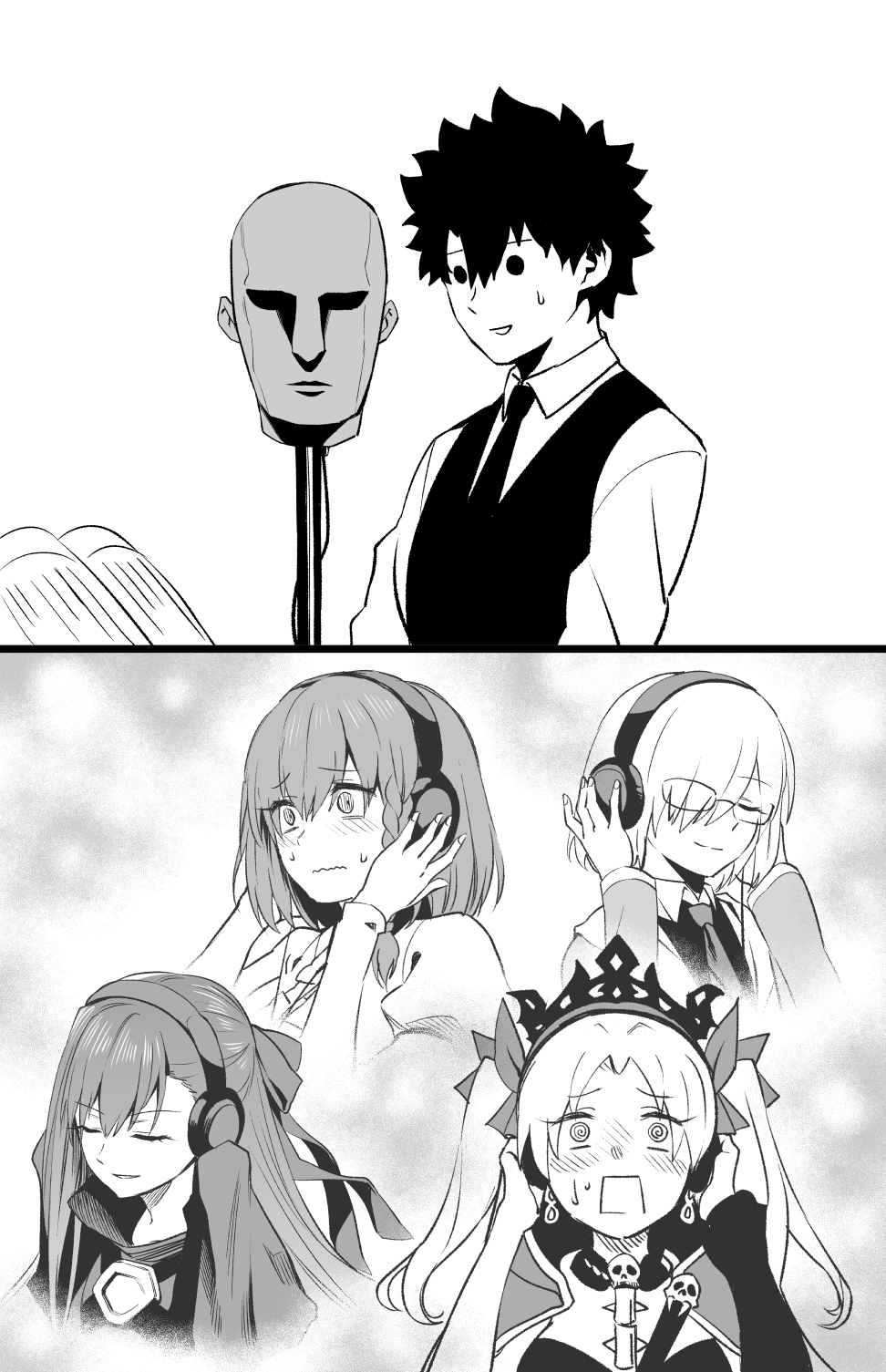 1boy, 4girls, @_@, asmr, binaural_microphone, blush, braid, charlotte_corday_(fate)
