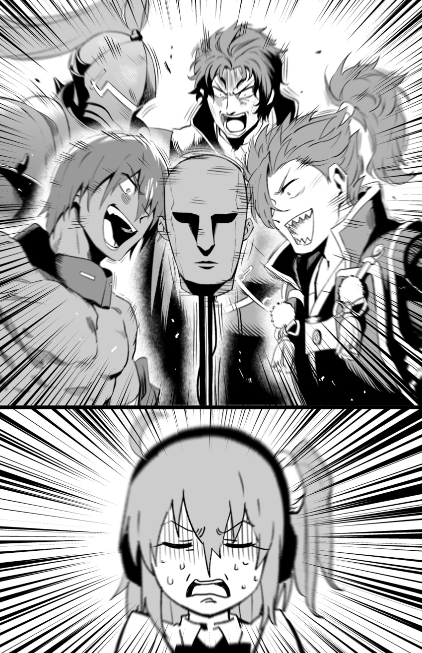 1girl, 4boys, ahoge, armor, ashwatthama_(fate), asmr, binaural_microphone, emphasis_lines, fate/grand_order, fate_(series), fujimaru_ritsuka_(female), full_armor, greyscale, headphones, highres, hijikata_toshizou_(fate), hirunagi, lancelot_(fate/zero), microphone, monochrome, mori_nagayoshi_(fate), multiple_boys, neumann_ku_100, ponytail, screaming, sharp_teeth, side_ponytail, sweat, teeth