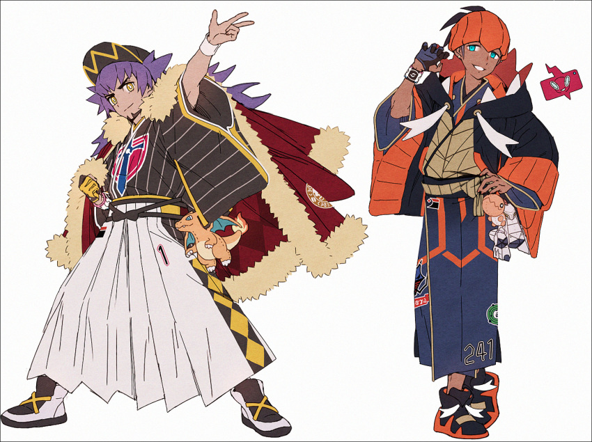 2boys, adapted_costume, arm_up, baseball_cap, black_hair, bright_pupils, cape, charizard