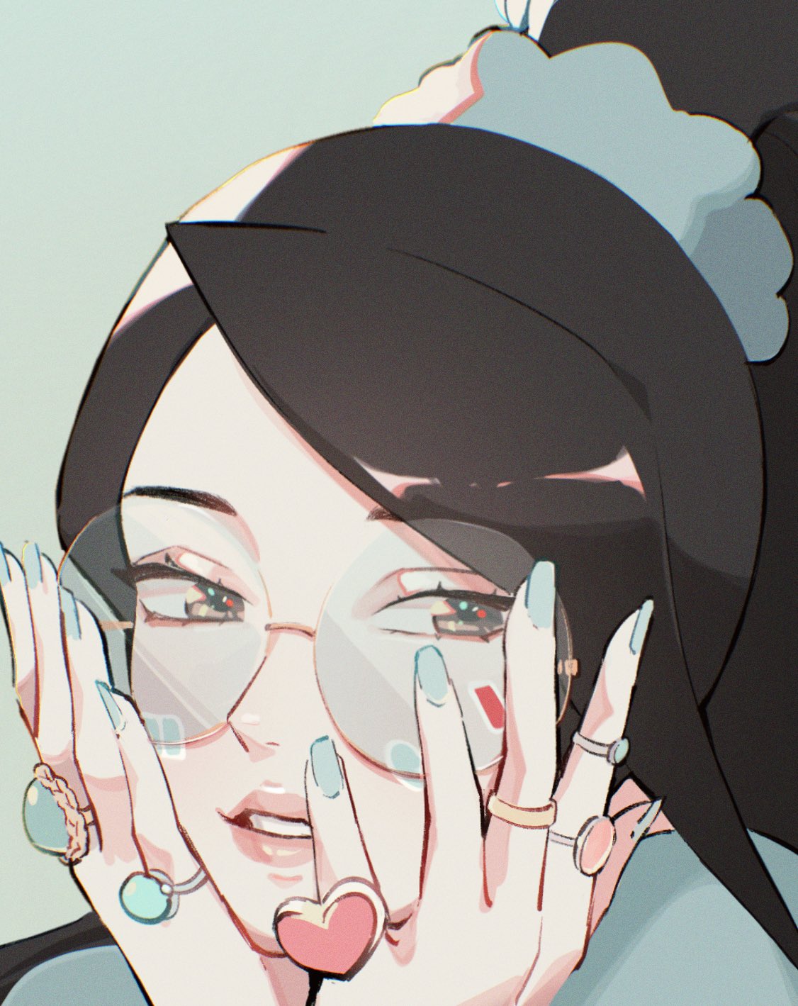 1girl, animification, bangs, black_hair, blue_background, brown_eyes, english_commentary, glasses