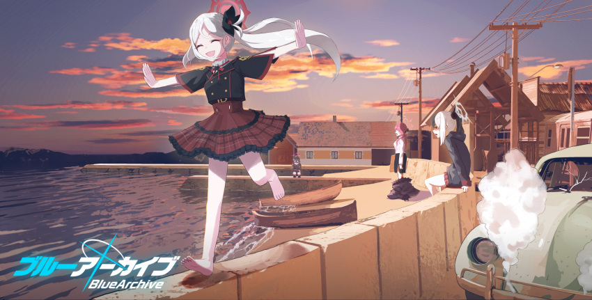 4girls, :d, ^_^, absurdres, aru_(blue_archive), bangs, barefoot, black_flower