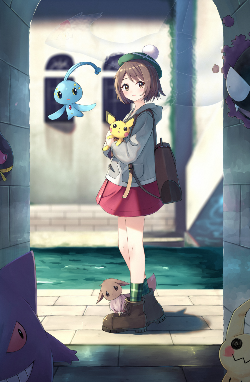 1girl, absurdres, backpack, bag, banette, blurry, blurry_background, blush