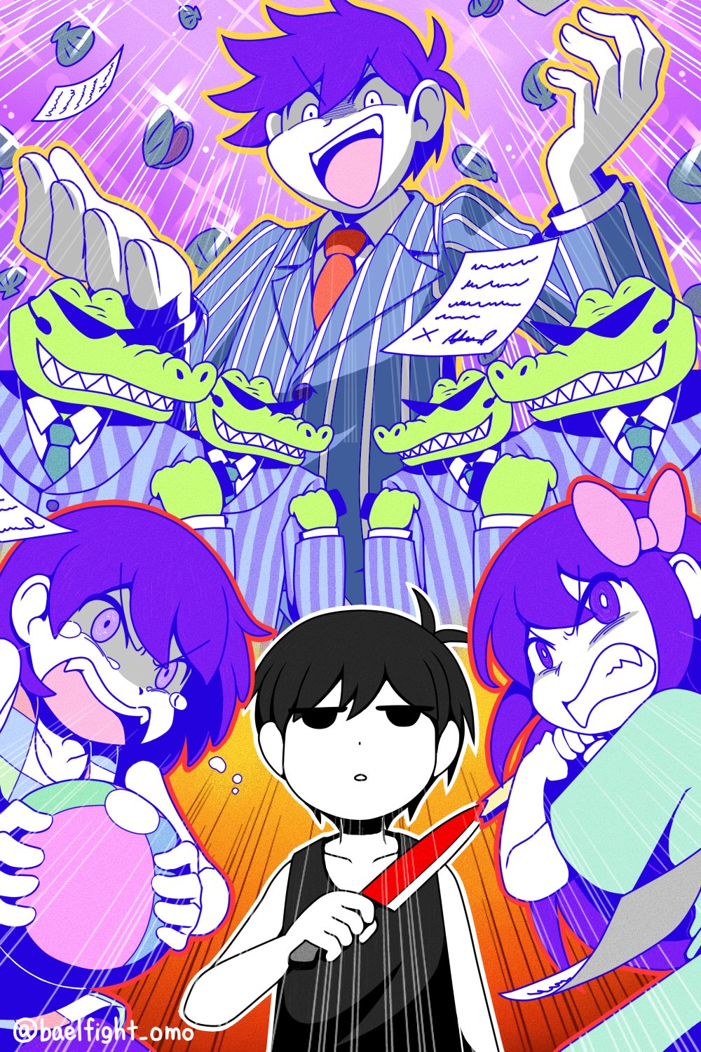 1girl, 6+girls, alligator, angry, aubrey_(omori), ball, black_eyes, black_hair