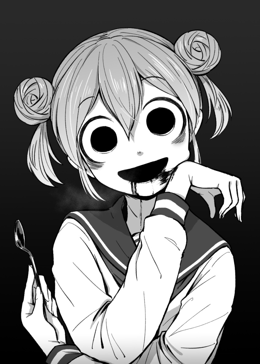 1girl, 4shi, :d, bags_under_eyes, black_background, commentary_request, dango-chan_(4shi), dirty