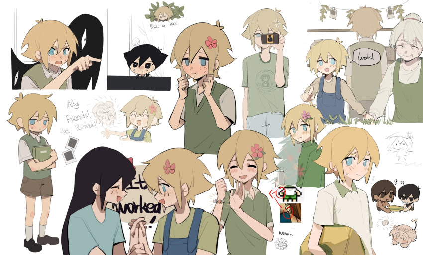 3girls, 4boys, arrow_(symbol), aubrey_(omori), basil's_grandma_(omori), basil_(omori), black_eyes, black_hair