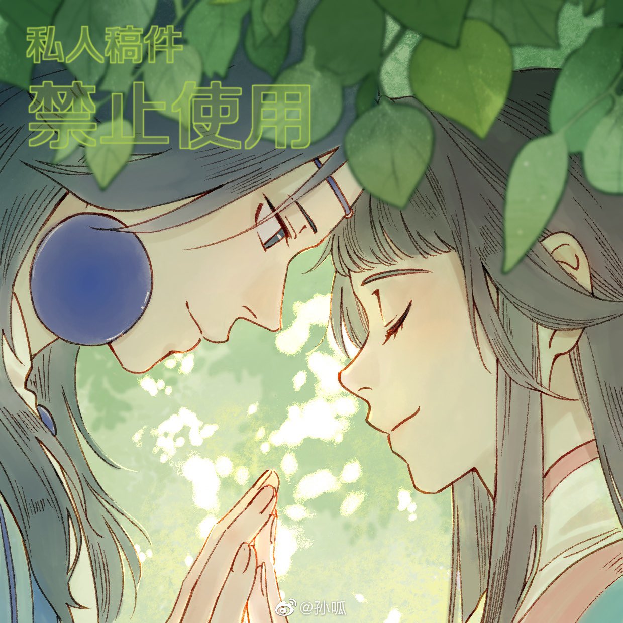 1boy, 1girl, bangs, black_hair, blue_hair, closed_eyes, earrings, forehead-to-forehead, guagua_sun, heads_together, hetero, highres, holding_hands, jewelry, lanxi_zhen, laojun_(the_legend_of_luoxiaohei), leaf, li_qingning_(the_legend_of_luoxiaohei), long_hair, plant, portrait, profile, smile, the_legend_of_luo_xiaohei