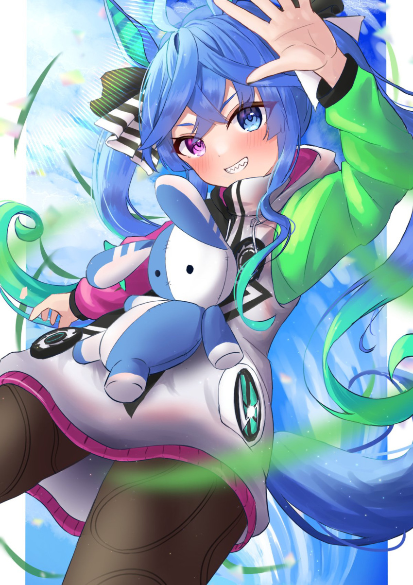 1girl, ahoge, animal_ears, arm_up, bangs, black_bodysuit, black_ribbon, blue_eyes