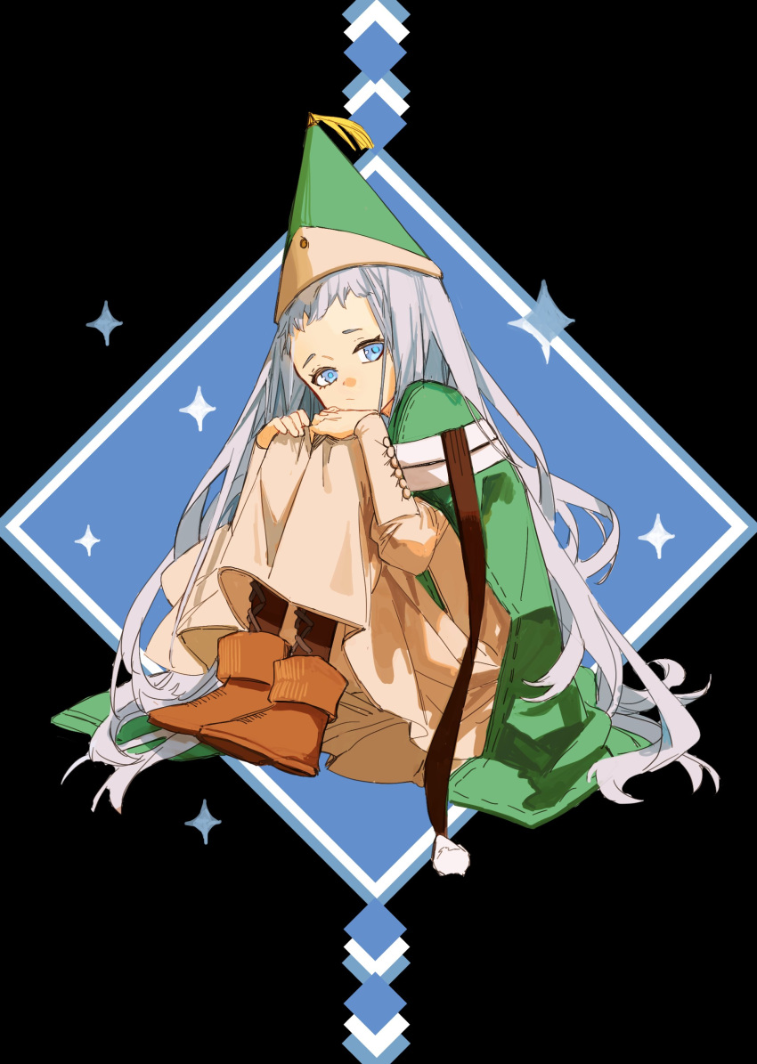 1girl, absurdres, black_socks, blue_eyes, boots, brown_footwear, cape, closed_mouth