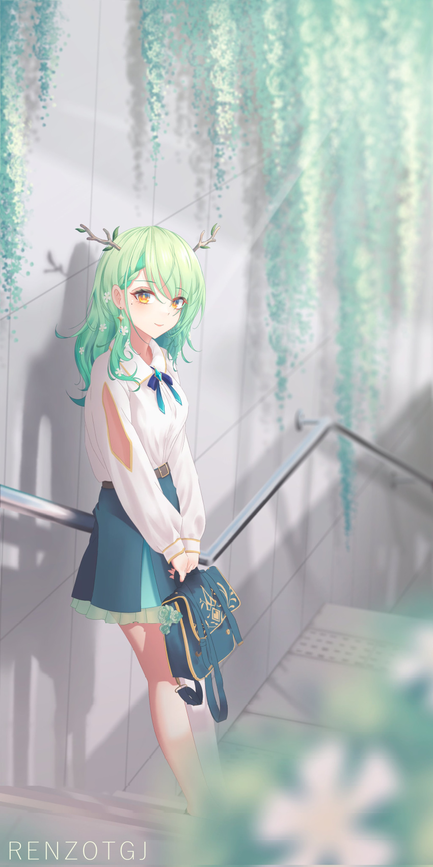 absurdres, bag, bare_legs, braid, branch, breasts, ceres_fauna, flower, green_hair, hair_flower, hair_ornament, highres, hololive, hololive_english, horns, large_breasts, leaf, leaning, leaning_on_rail, long_sleeves, looking_at_viewer, looking_to_the_side, medium_hair, outdoors, petite, plant, renzotgj, skirt, smile, stairs, sunlight, virtual_youtuber, wavy_hair, yellow_eyes