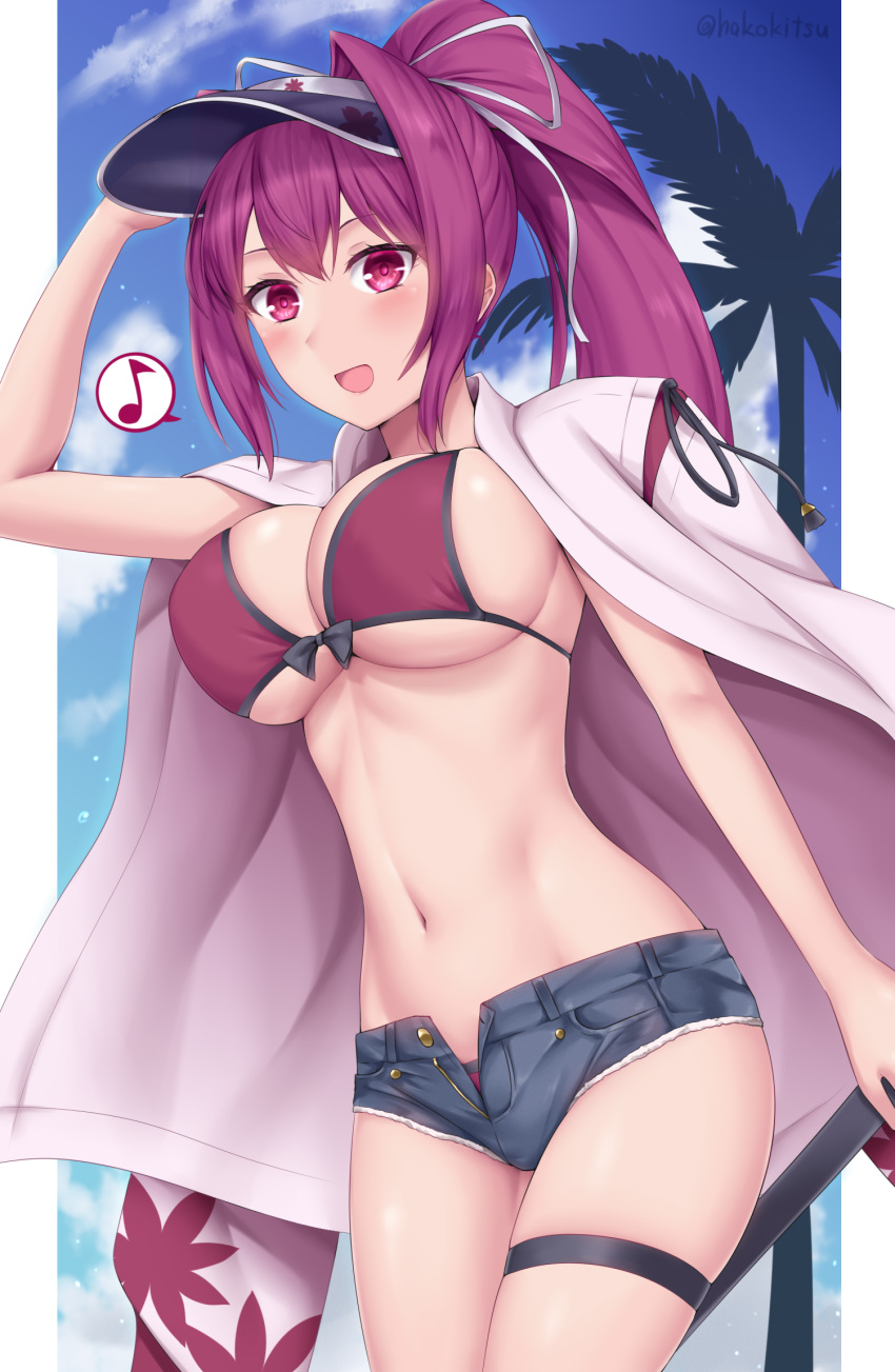 bikini, breasts, front-tie_bikini_top, front-tie_top, hat, highres, jacket, jacket_on_shoulders