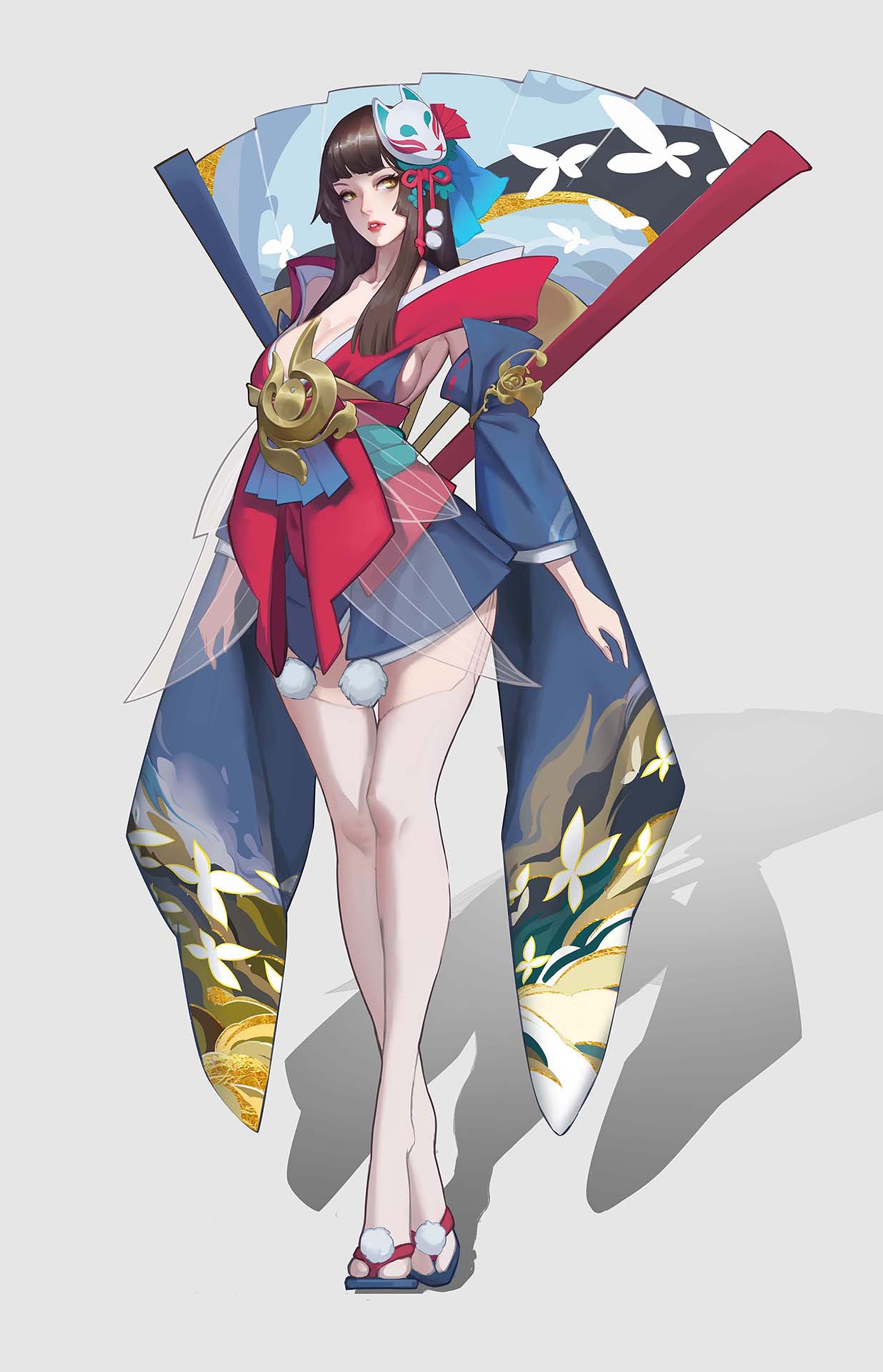 1girl, bangs, black_hair, breasts, clog_sandals, clogs, folding_fan, fox_mask