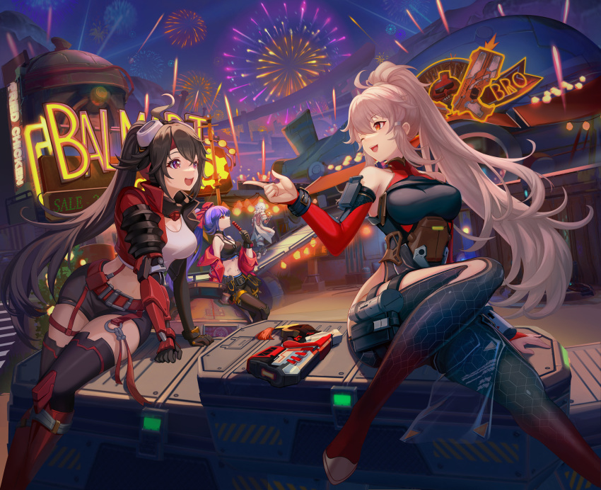 1boy, 3girls, aerial_fireworks, ahoge, asukayou, bare_shoulders, black_hair, blonde_hair