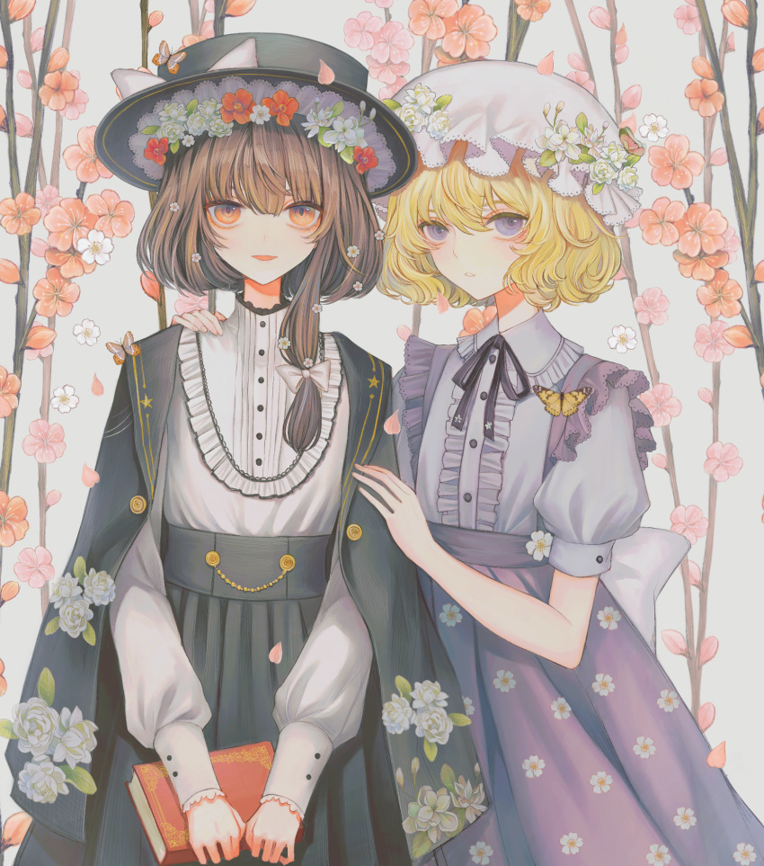 2girls, black_headwear, black_skirt, blonde_hair, blush, book, brown_eyes, brown_hair