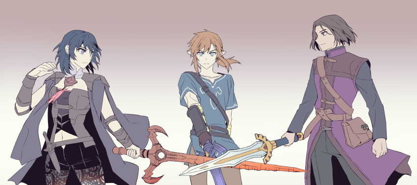 1girl, 2boys, absurdres, baaaam_7, bangs, black_coat, black_shorts, blonde_hair, blue_eyes, blue_hair, breasts, bustier, byleth_(fire_emblem), byleth_eisner_(female), closed_mouth, coat, dragon_quest, dragon_quest_xi, fire_emblem, fire_emblem:_three_houses, hair_ornament, hero_(dq11), highres, large_breasts, link, link_(botw), long_hair, master_sword, medium_hair, multiple_boys, navel, pantyhose, pointy_ears, ponytail, shorts, simple_background, smile, super_smash_bros., sword_of_the_creator, the_legend_of_zelda, the_legend_of_zelda:_breath_of_the_wild