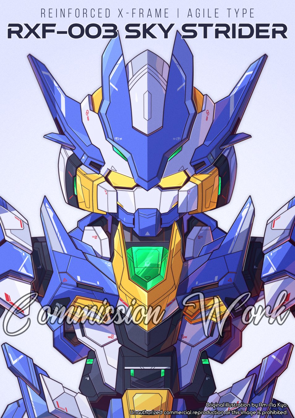 azzalea, blue_background, character_name, commission, english_commentary, evogear:_unleashed, highres, looking_at_viewer