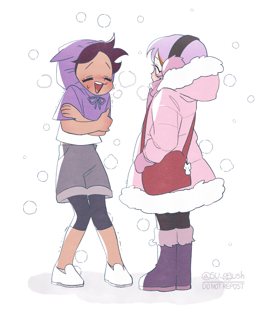 2girls, amity_blight, blush, brown_hair, closed_eyes, cold, dark-skinned_female, dark_skin