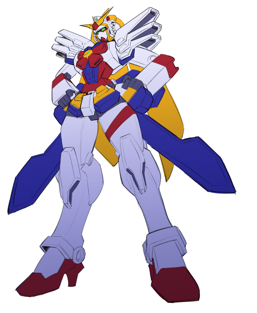 blonde_hair, blue_eyes, cosmikaizer, g_gundam, gundam, hands_on_hips, head_tilt, highres