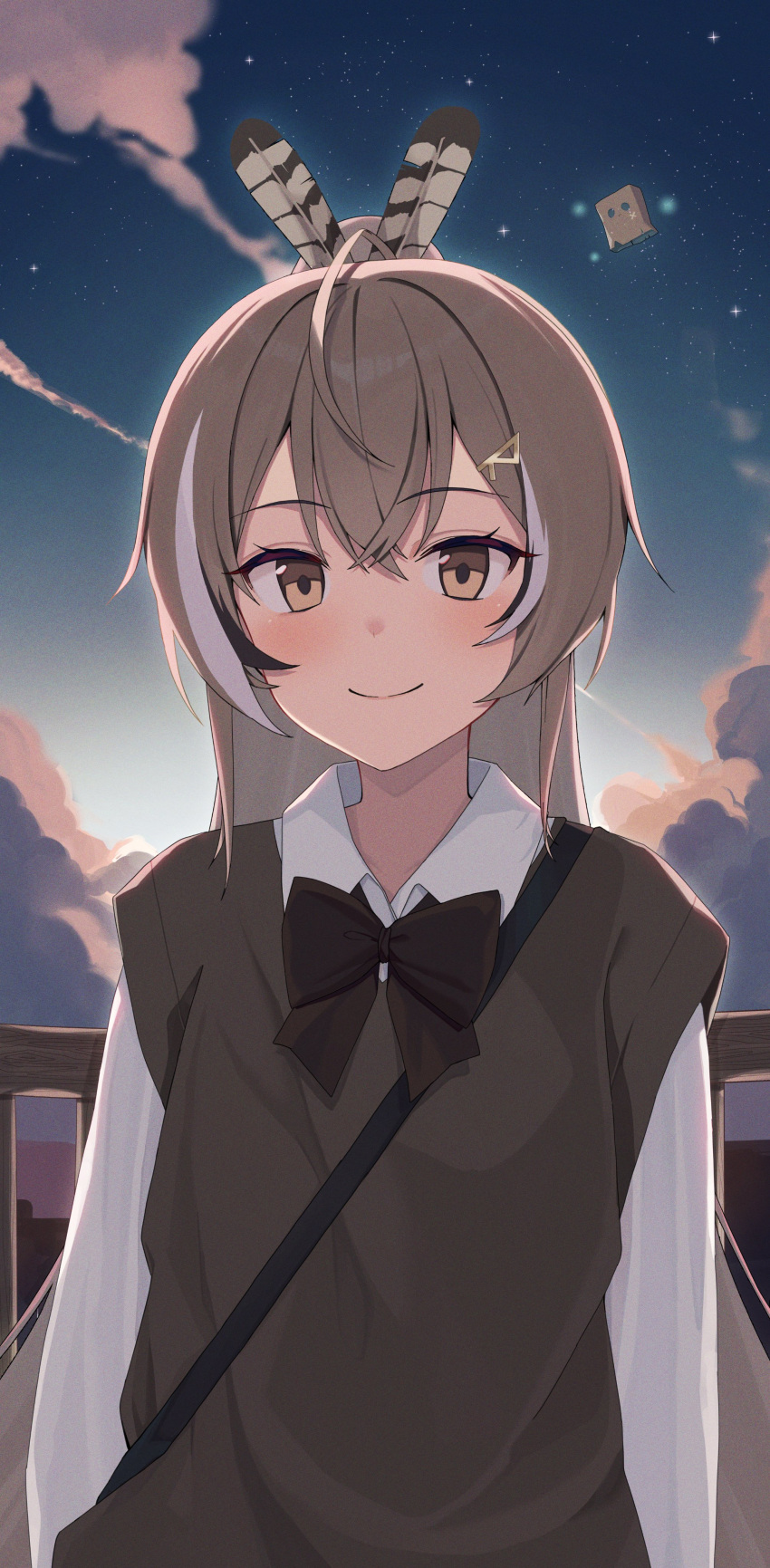 1girl, absurdres, ahoge, alternate_costume, bangs, blush, brown_eyes, brown_hair, brown_ribbon, brown_sweater_vest, clouds, cloudy_sky, collared_shirt, dress_shirt, feather_hair_ornament, feathers, friend_(nanashi_mumei), h9_99999, hair_ornament, hairclip, highres, hololive, hololive_english, long_hair, looking_at_viewer, multicolored_hair, nanashi_mumei, ponytail, ribbon, school_uniform, shirt, sky, smile, star_(sky), starry_sky, streaked_hair, sweater_vest, twilight, very_long_hair, virtual_youtuber, white_shirt