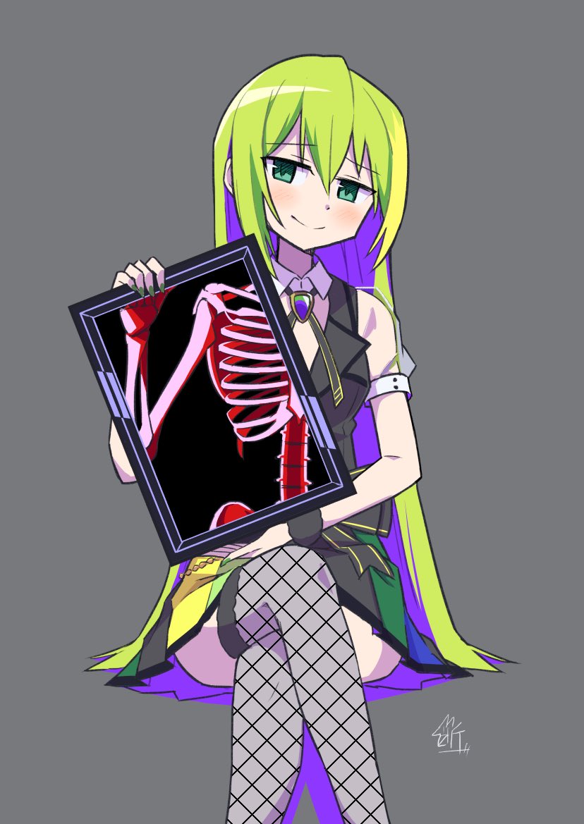 1girl, alina_gray, aqua_eyes, black_bow, black_necktie, black_vest, blunt_ends, blush, bow, breasts, brooch, chain, collar, cross_tie, detached_collar, fur_cuffs, gem, green_gemstone, green_hair, hair_between_eyes, jewelry, lapels, long_hair, magia_record:_mahou_shoujo_madoka_magica_gaiden, magical_girl, mahou_shoujo_madoka_magica, miniskirt, multicolored_clothes, multicolored_hair, multicolored_skirt, necktie, notched_lapels, pleated_skirt, puffy_short_sleeves, puffy_sleeves, ribs, see-through, see-through_sleeves, short_sleeves, sidelocks, simple_background, skeleton, skirt, sleeve_cuffs, small_breasts, smile, solo, straight_hair, streaked_hair, striped, striped_skirt, tachibanai, v-neck, vertical-striped_skirt, vertical_stripes, very_long_hair, vest, waist_bow, white_collar, white_sleeves